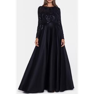 Elegant Betsy & Adam Sequin Long Sleeve Ballgown